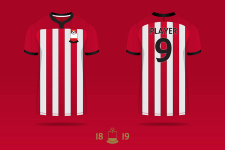 英式足球俱乐部足球球衣足球套件T恤运动模板设计。 足球T恤嘲弄。 前后观看足球制服。 最小的标志设计。 矢量图。