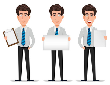 商人在办公室风格的衣服套三种姿势。 商人银行家经理卡通人物手持剪贴板，手持空白标语牌。 矢量插图