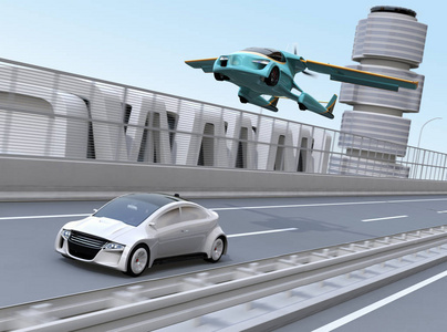 未来派飞车飞越一辆银色轿车在高速公路上行驶。快速运输无堵车概念..3D染图像..