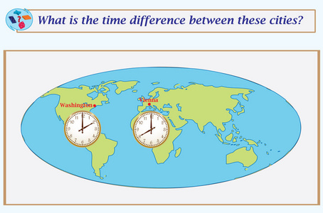 这些城市之间的时差是多少?矢量图照片