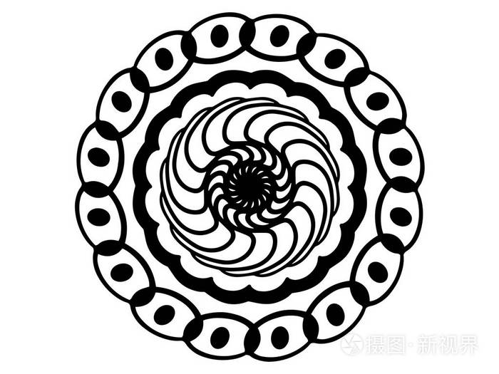 白色背景上的黑色涂鸦曼陀罗.曼达拉与移动错觉矢量.圆形邮票模板.