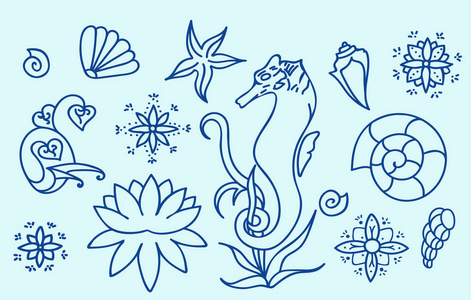 孤立的矢量海洋生物. 蓝色. 一套简单的线条图纸. 手绘插图.照片