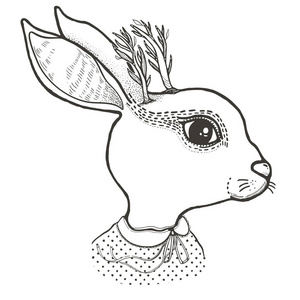 素描图形插图兔子与神秘和神秘的手绘符号。 矢量图。 占星术和深奥的概念。 旧时尚纹身。 共济会和秘密会徽