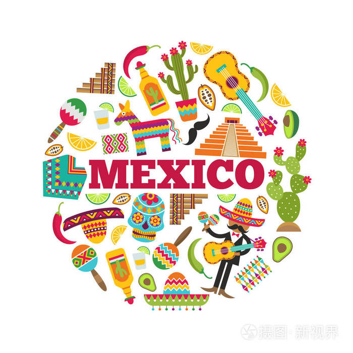 墨西哥符号圆圈形状与墨西哥图标的各种彩色图片