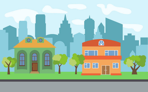 矢量城市有两个故事卡通房屋和绿色树木在晴天. 夏季城市景观.