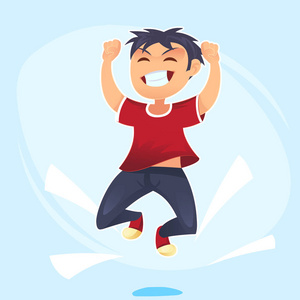 卡通人物快乐学校男孩跳跃概念快乐胜利乐趣.