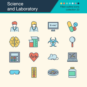 科学和实验室图标。 填充轮廓设计集合23。用于演示图形设计移动应用程序网页设计信息图表。 矢量图。