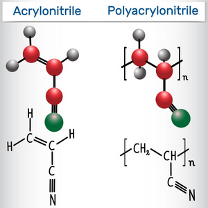 丙烯腈和聚丙烯腈PAN聚合物分子结构化学公式和模型。 矢量插图
