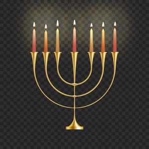 股票矢量插图光明节烛台与蜡烛隔离在一个透明的背景。犹太烛台。节日的灯光, 奉献的盛宴。光明节金色烛台。Eps 10