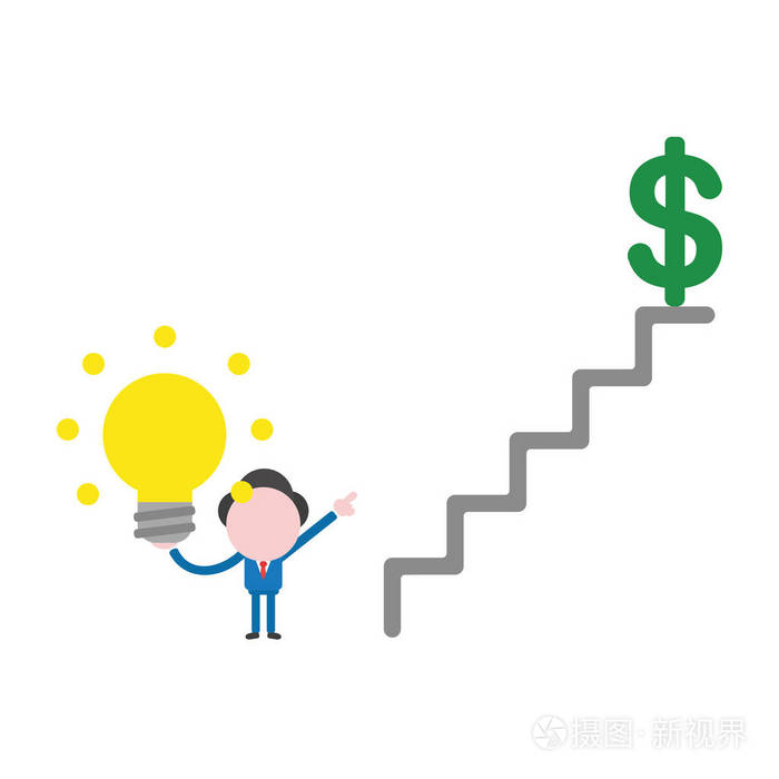 矢量插图商人角色持有发光灯泡和指向美元符号在楼梯上。