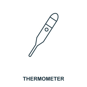 温度计图标。大纲样式图标设计。Ui。温度计图标的插图。在白色查出的象形文字。可在网页设计应用程序软件打印中使用