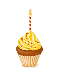 逼真的孤立的彩色纸杯蛋糕，白色背景上有蜡烛和球。 矢量插图茶党邀请或生日卡甜菜单的餐厅自助餐厅面包店咖啡馆或商店。 eps10