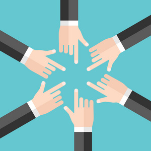 手指指人许多商人的手互相指责和指指点点. 责任误解问题与冲突概念.