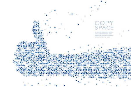 摘要几何圆点图案手拇指向上形状，手语概念设计蓝色插图隔离在白色背景与复制空间，矢量EPS10