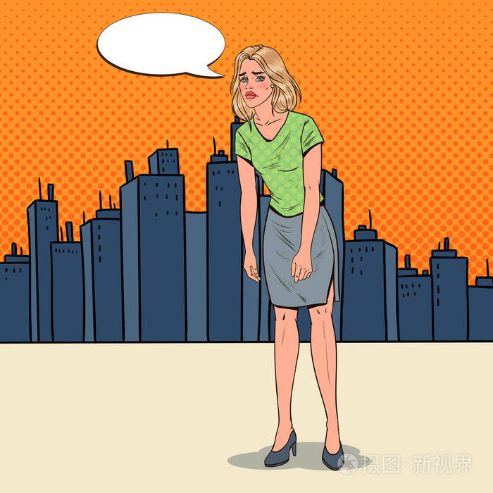 插画 人物 流行艺术郁闷的年轻女子在城市.困惑失望的女孩.表情.