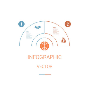 信息模板彩色饼图半圆与文字区域在2个位置。 白色背景。 一组业务图标。 商业战略。