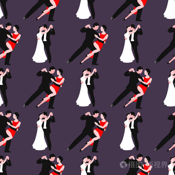 插画 情侣跳舞拉美浪漫人人跳舞男子与女子探戈姿势无缝模式背景向量
