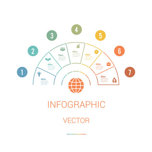 信息模板彩色饼图半圆与文本区域在7个位置。 白色背景。 一组业务图标。 商业战略。
