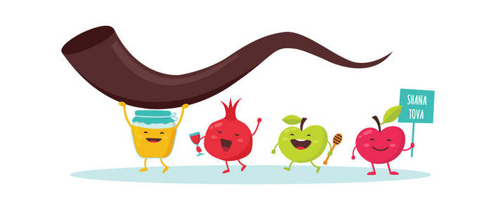 Rosh 新年犹太节日横幅设计与蜂蜜罐子苹果和石榴滑稽的卡通人物举行羊角号, 犹太垫铁。矢量插图