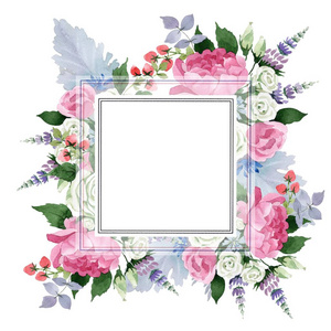 粉红色的花束。 花卉植物花。 框架边框装饰广场。 植物全名玫瑰牡丹。 背景纹理包装图案框架或边框的水花野花。