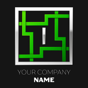 真实的银色字母 I 标志符号在银色绿色五颜六色的正方形迷宫形状在黑色背景。标志象征迷宫, 选择正确的路径。用于设计的矢量模板