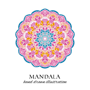 曼达拉手绘矢量孤立插图。 白色背景上的粉红色橙色和蓝色装饰民族装饰品。 东方设计元素
