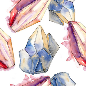 五颜六色的钻石岩石珠宝矿物。 无缝背景图案。 织物壁纸印花纹理。 几何石英多边形水晶石镶嵌形状紫水晶宝石。