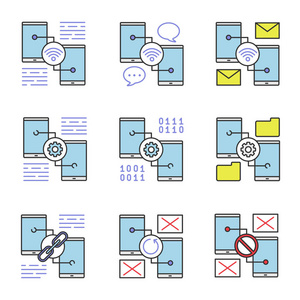 智能手机颜色图标设置。 无线聊天电子邮件设置文件管理器链接共享没有信号同步错误。 孤立矢量插图