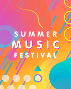 独特的艺术设计卡夏季音乐节，梯度背景形状和几何元素在孟菲斯风格。明亮的海报完美的版画，横幅邀请等等。