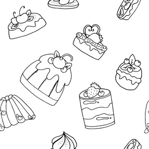 手绘图案背景不同布丁甜点和蛋糕与奶油和浆果。单色矢量插图素描风格。