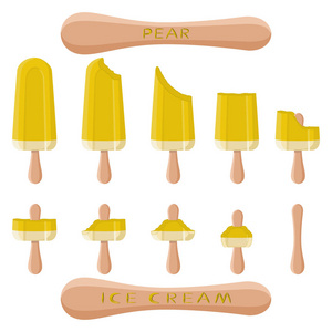 矢量插图标志天然梨冰淇淋在棍子上。 冰淇淋图案由甜的冷冰淇淋组成，设置美味的冷冻甜点。 油条上梨的新鲜水果冰淇淋。
