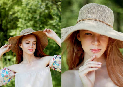 一个成熟的红头发的女孩在一个简单的亚麻裙, 在一个宽边的帽子。模特看自然美景。艺术肖像。保持边缘。拼 贴