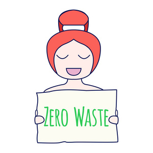 零浪费概念。 环境保护海报。 零浪费插图。 微笑的女孩手里拿着零废物的标志。 零废物标志。 矢量图。