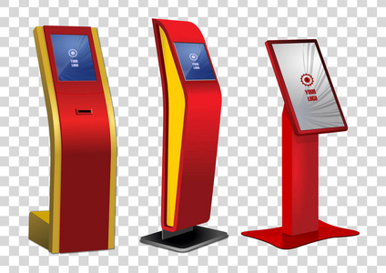 三红色宣传互动信息亭, 广告展示, 终端展台, 触摸屏显示屏, 隔离在透明背景上。模拟模板