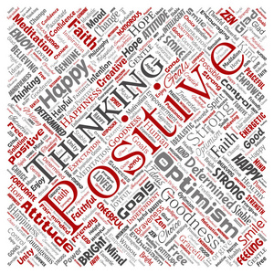 矢量概念积极思维快乐强烈态度方红字云孤立在背景上。 乐观，微笑，信心，勇敢的目标，善良或幸福的灵感