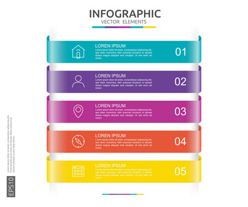 5个步骤信息图表。时间线设计模板与三维纸标签。有选择的商业概念。内容，图表，流程图，步骤，部分，工作流程布局，图表