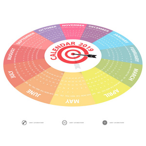 2019日历模板。循环日历模板。日历2019套12个月。从星期天开始。年历矢量设计文具模板..矢量图。