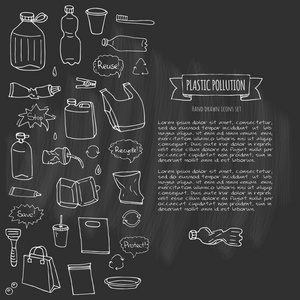 手绘涂鸦停止塑料污染图标设置矢量插图草图符号收集卡通概念元素袋瓶回收标志包装处置废物污染一次性盘子