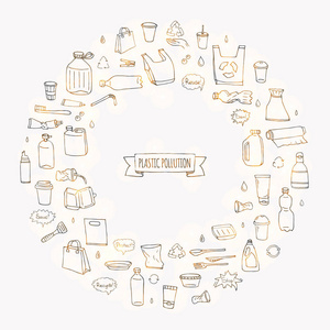 手绘涂鸦停止塑料污染图标设置矢量插图草图符号收集卡通概念元素袋瓶