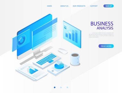 业务分析系统等距蓝光概念。 有电脑笔记本电脑和图形屏幕。 矢量插图