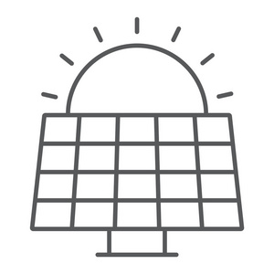 模式太阳能太阳能电池板细线图标, 生态和能源, 绿色能源标志, 矢量