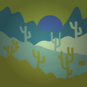 背景中性黄色和蓝色。 沙漠景观与仙人掌和山。 矢量图。 风景优美的砂岩。 平面设计风格。