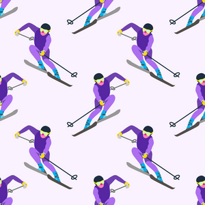 冬季运动游戏无缝模式。 滑雪运动员在运动中的性格。 骑滑雪板的人。 卡通风格的矢量概念可用于海报横幅背景包装纸