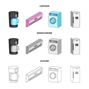 家电和设备卡通, 轮廓, 单色图标在集合中进行设计。现代家电矢量符号股票 web 插图