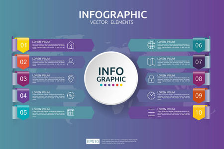 10步商业信息图表。 时间线设计模板与箭头和圆圈元素概念与选项。 内容图流程图步骤部分工作流程图布局图