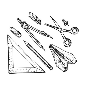 手绘文具一套。 矢量涂鸦插图。 一套学校配件和用品。 工具组成。 铅笔尺罗盘剪刀纸平面。 回到学校的设计元素。