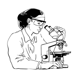 看显微镜的女科学家.向量照片