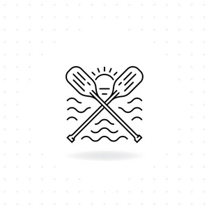划桨图标黑色细线交叉独木舟划桨图标与影子船桨矢量，象征水上运动和户外活动，河筏皮划艇划桨救生衣。