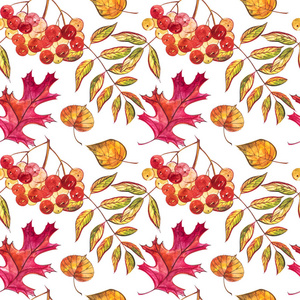 与橡子和秋天橡木叶子的无缝图案橙色, 米色, 棕色和黄色。完美的墙纸, 礼品纸, 图案填充, 网页背景, 秋季贺卡