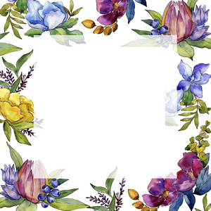 五颜六色的花束热带花卉。 花卉植物花。 框架边框装饰广场。 背景纹理包装图案框架或边框的水花野花。